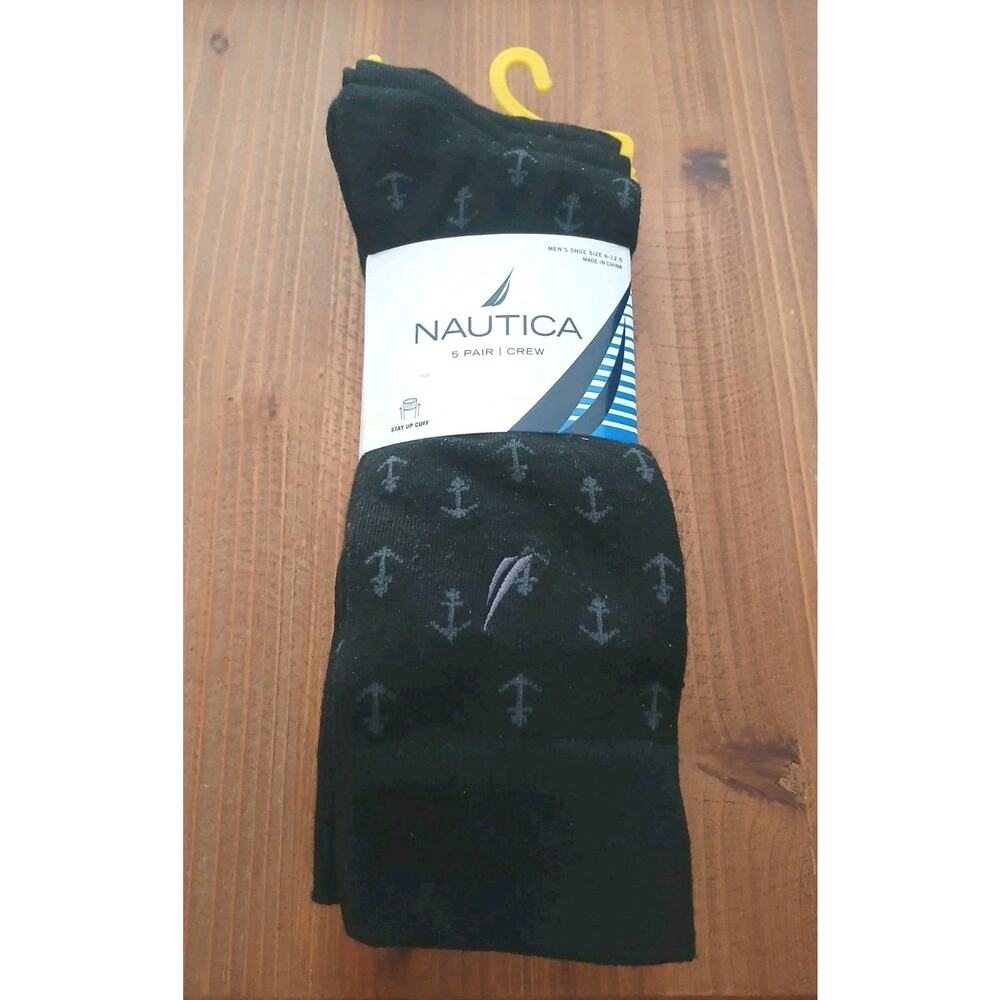New NAUTICA Size 6-12.5 Men's Stay Up Cuff Crew Socks Black w/Logo 5 Pairs